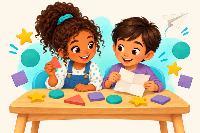 Two children exploring colorful shape tiles and unfolding a sheet of paper together.