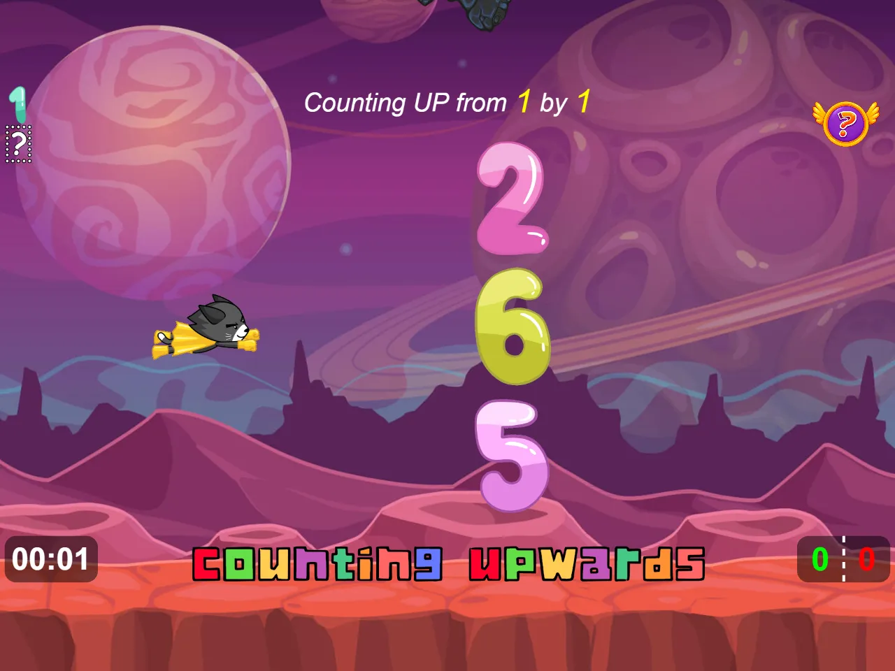 A flying cat faces the numerals 2, 6 and 5 beneath a prompt to count up from 1 by 1.