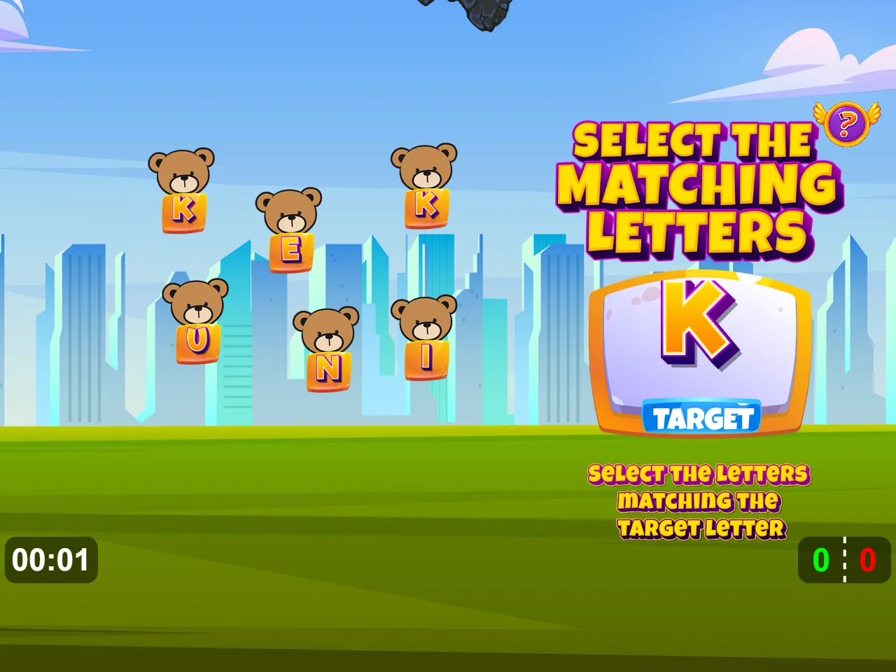 Six bears hold letter tiles beside a large target K, with two matching K tiles in the group.