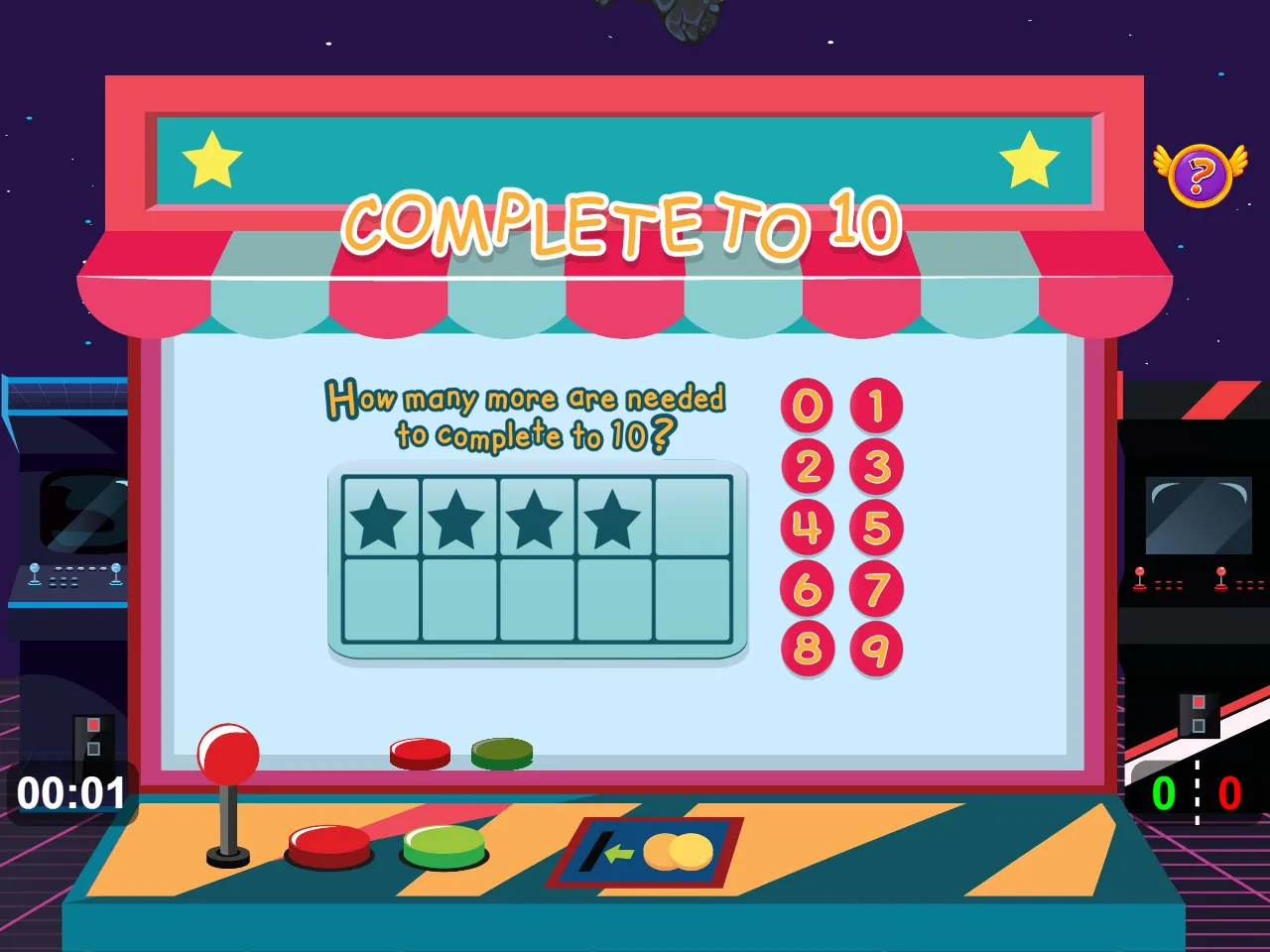 An arcade game shows four stars in a ten-frame and number buttons from 0 to 9.