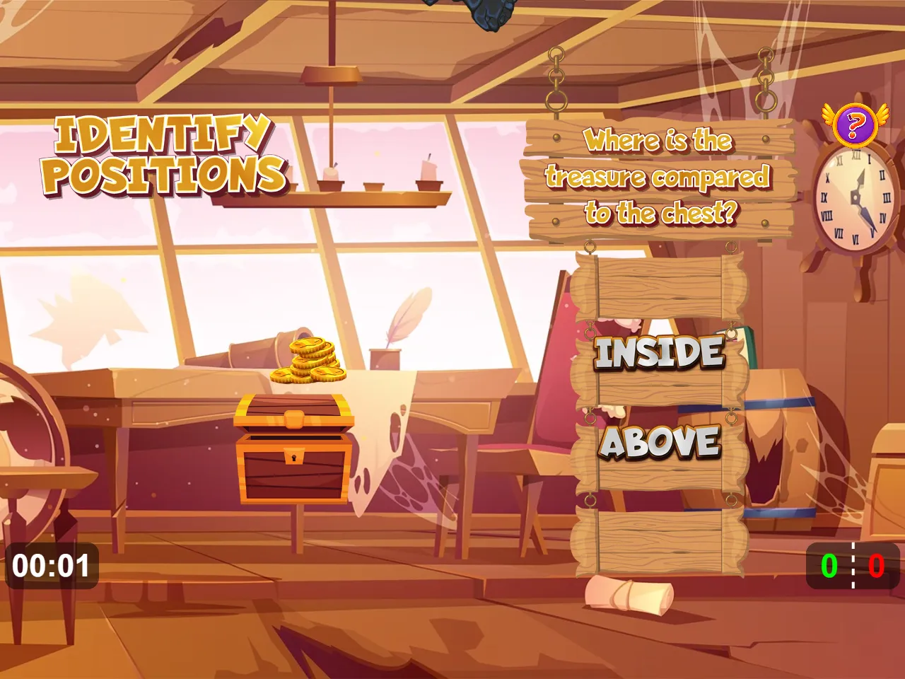 Coins float above a treasure chest while a pirate-themed game offers the words inside and above.