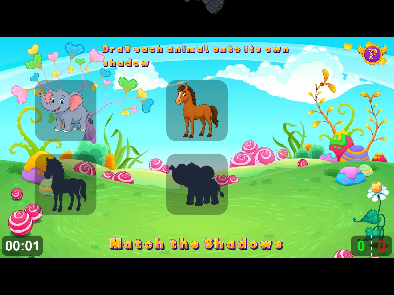 An elephant and a horse appear above two animal silhouettes in a colorful landscape.