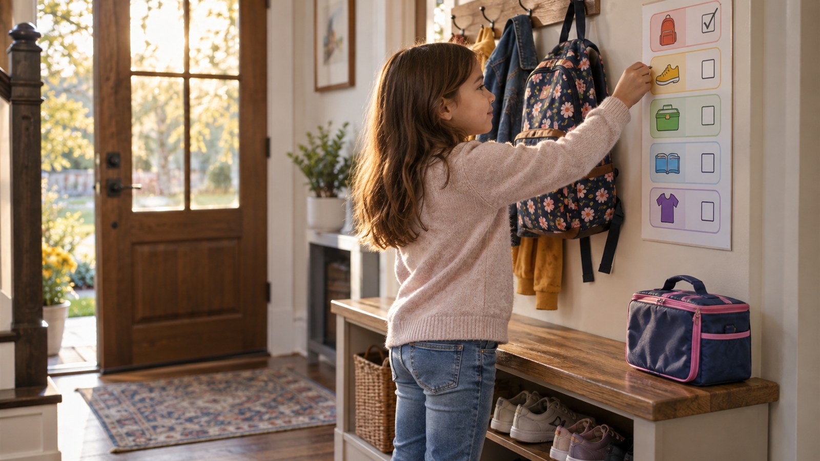 Elementary-age child checking a colorful picture routine beside a backpack, lunchbox, coat hooks, and shoe bench in a warm entryway