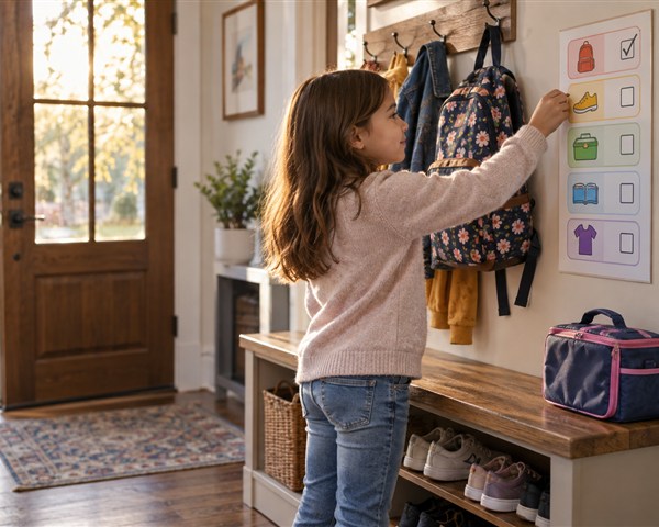 Elementary-age child checking a colorful picture routine beside a backpack, lunchbox, coat hooks, and shoe bench in a warm entryway