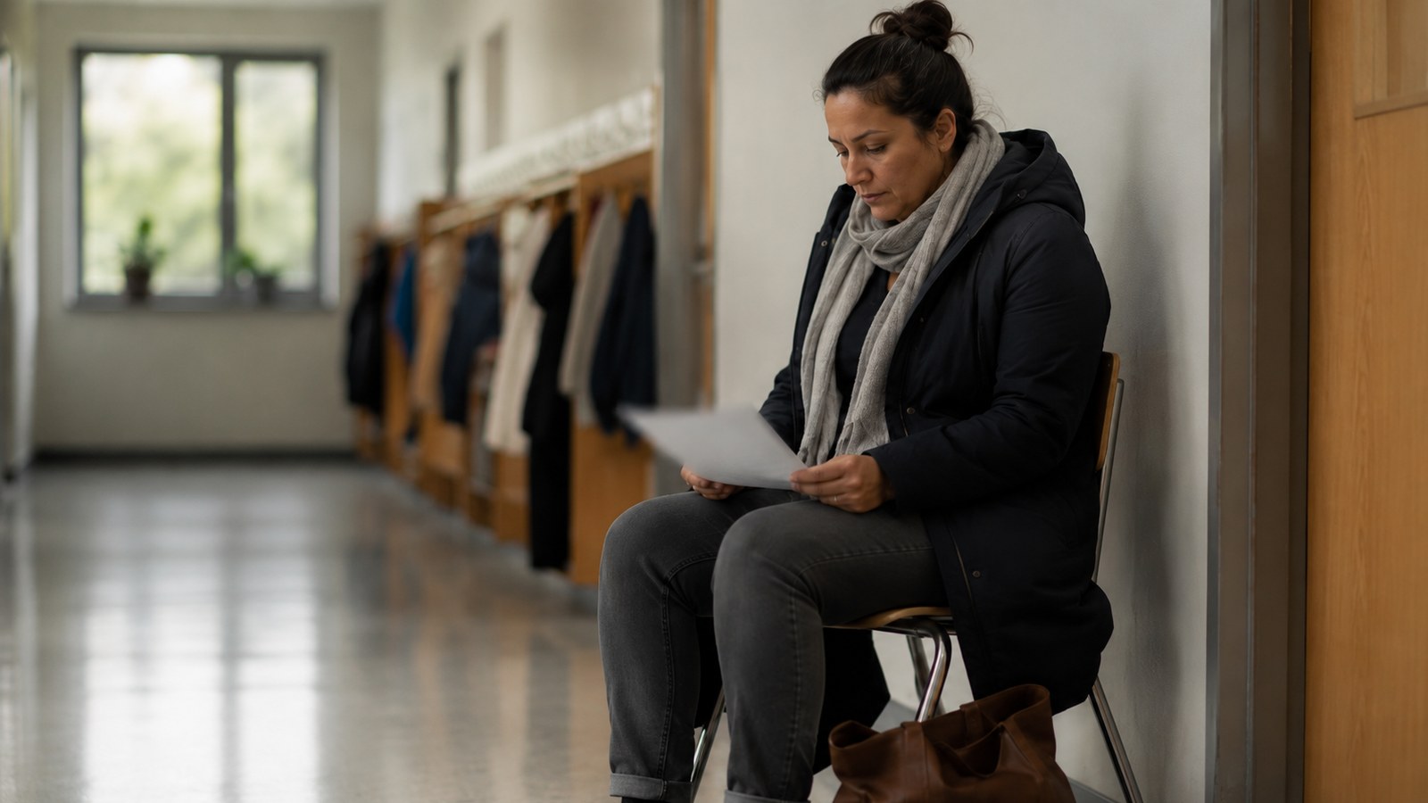 A parent sitting on a chair in a school corridor outside a classroom, looking down at a single page of handwritten notes on their lap