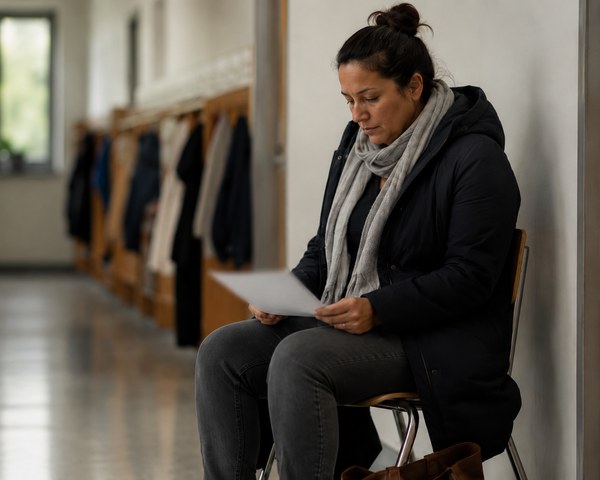 A parent sitting on a chair in a school corridor outside a classroom, looking down at a single page of handwritten notes on their lap
