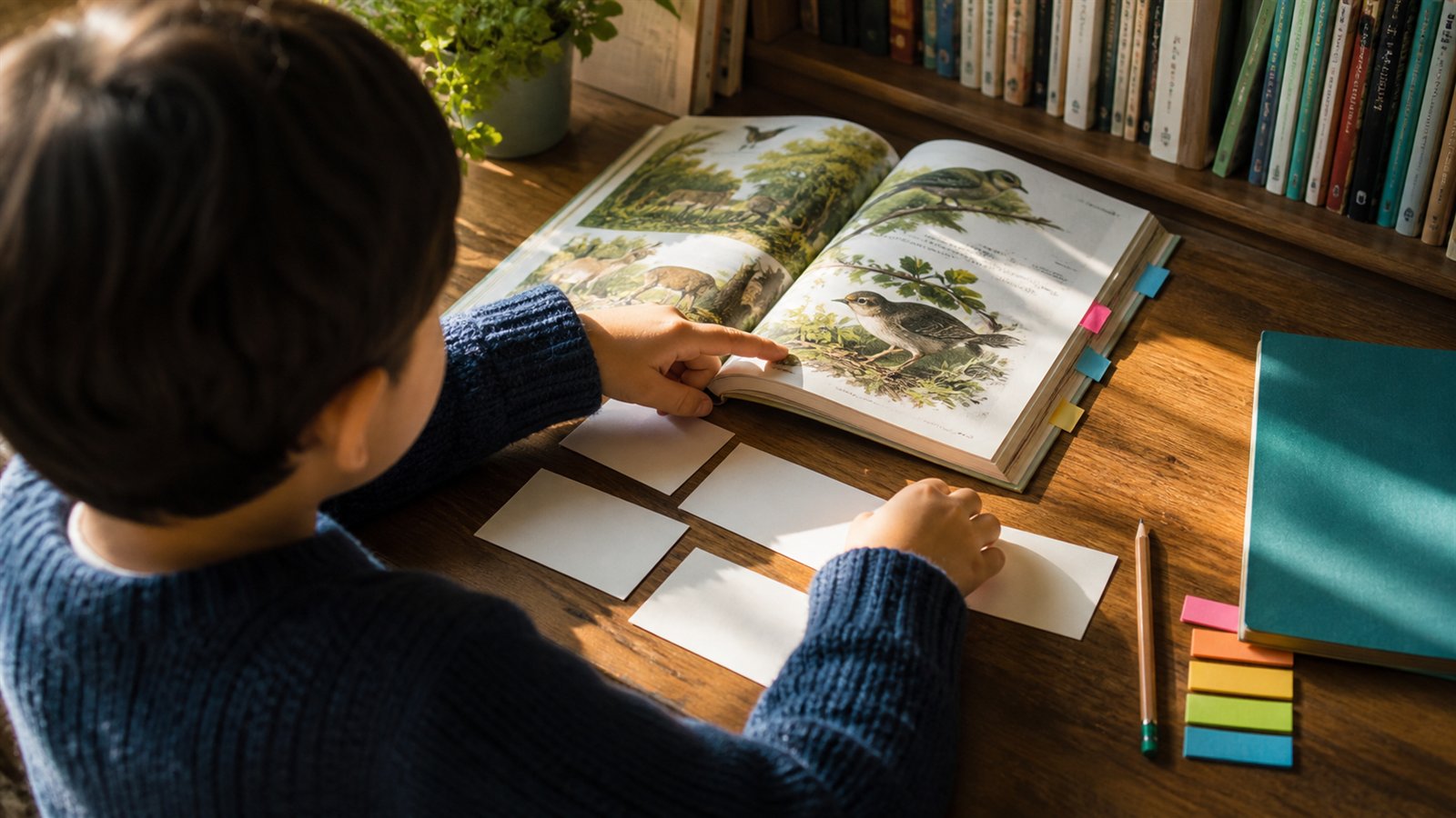 Child organizing blank planning cards beside an open nature book at a sunny reading desk