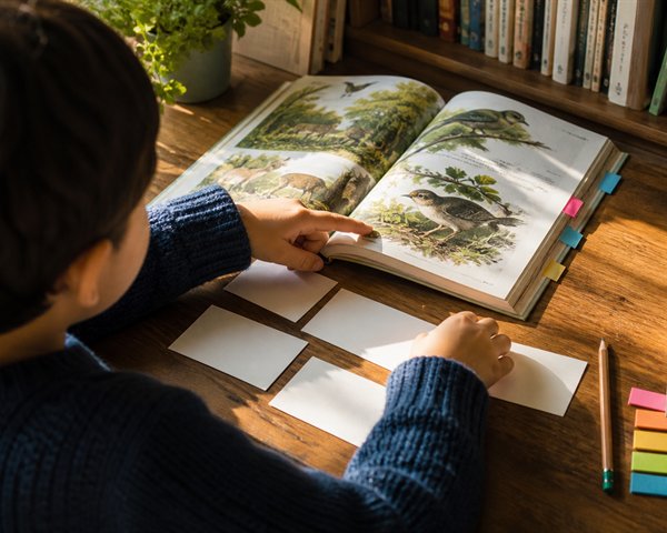 Child organizing blank planning cards beside an open nature book at a sunny reading desk