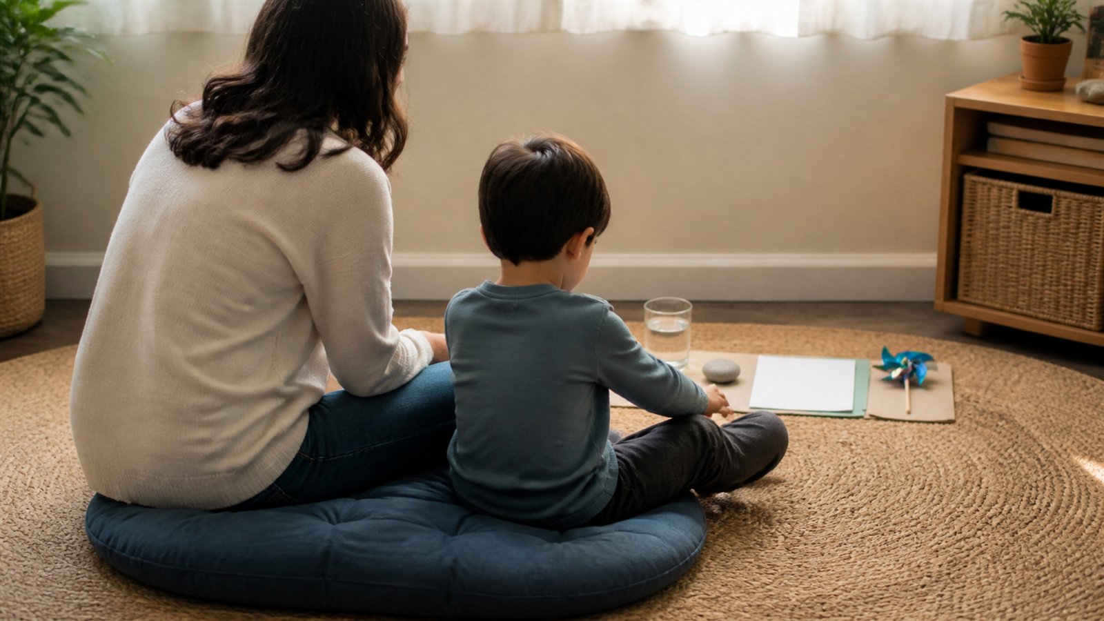 Caregiver and child sitting together in a quiet corner with simple calming materials nearby
