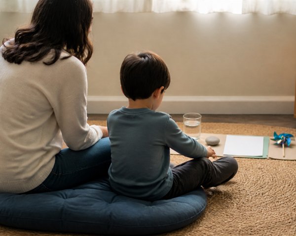 Caregiver and child sitting together in a quiet corner with simple calming materials nearby