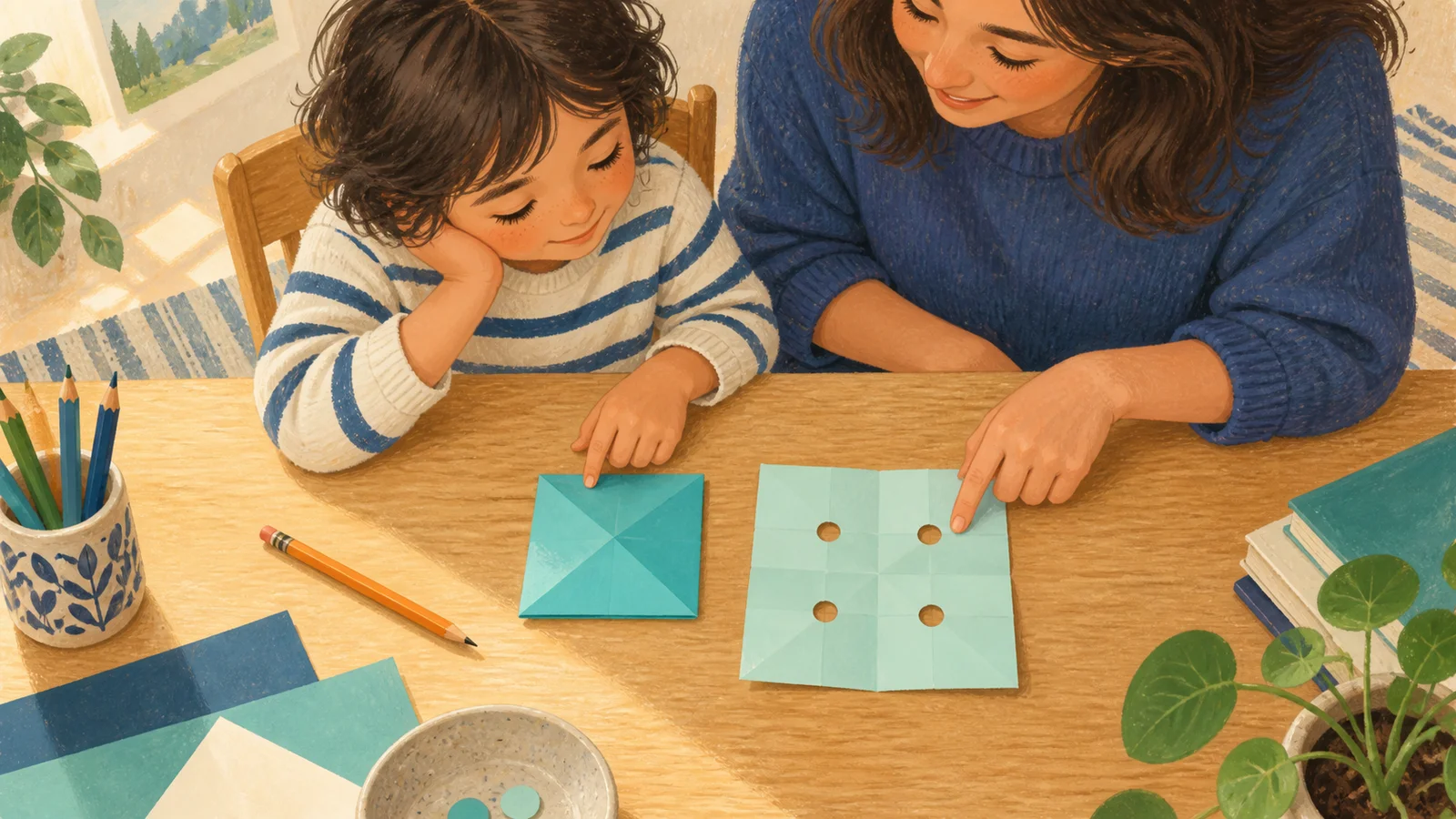 Illustration of a child and caregiver comparing folded turquoise paper with an open sheet containing four holes