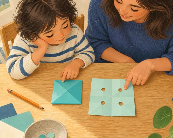 Illustration of a child and caregiver comparing folded turquoise paper with an open sheet containing four holes