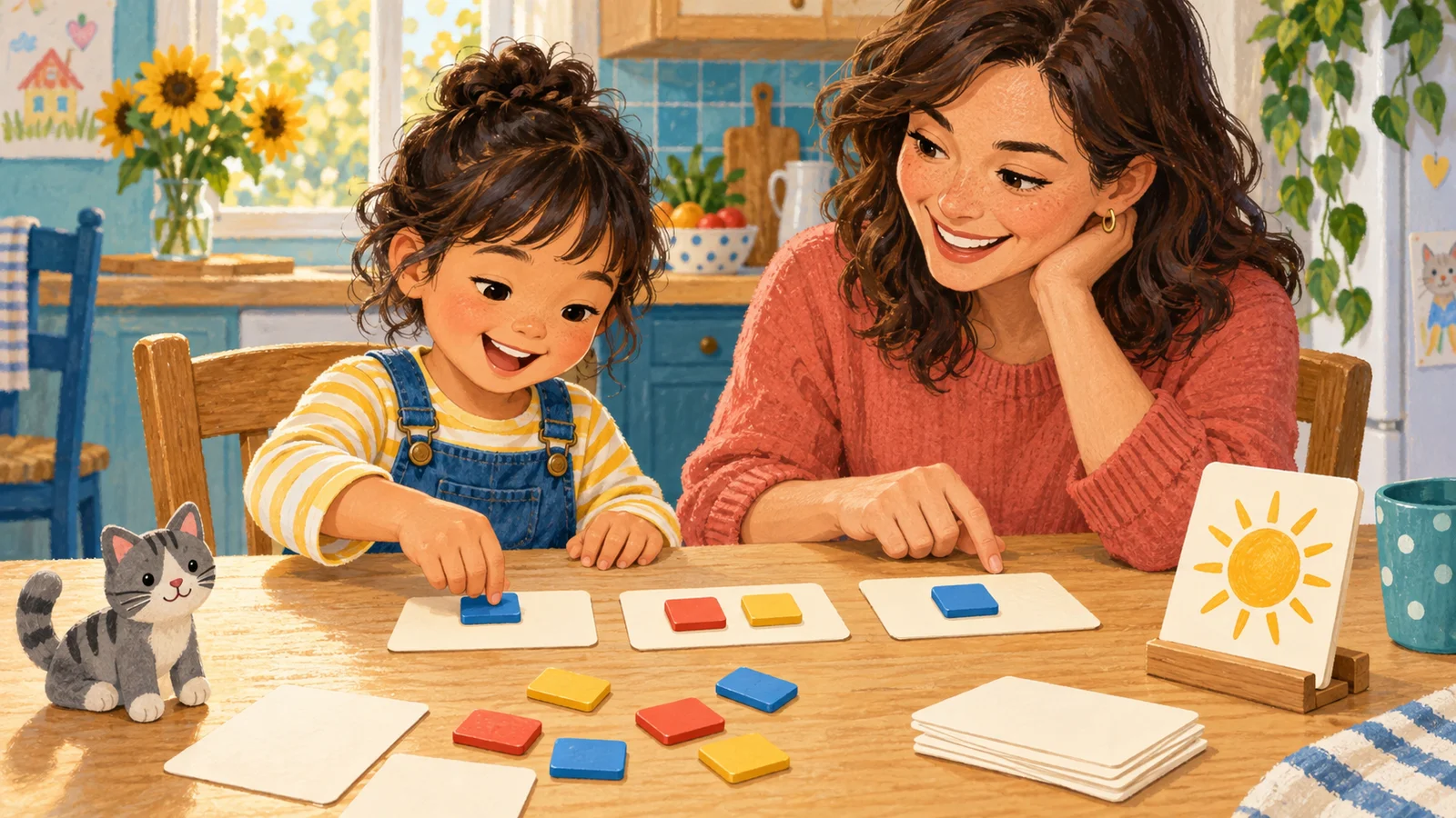 Illustration of a smiling child and caregiver moving colored tiles onto blank cards beside a toy cat and a sun picture