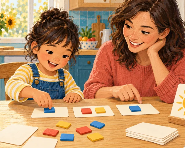 Illustration of a smiling child and caregiver moving colored tiles onto blank cards beside a toy cat and a sun picture