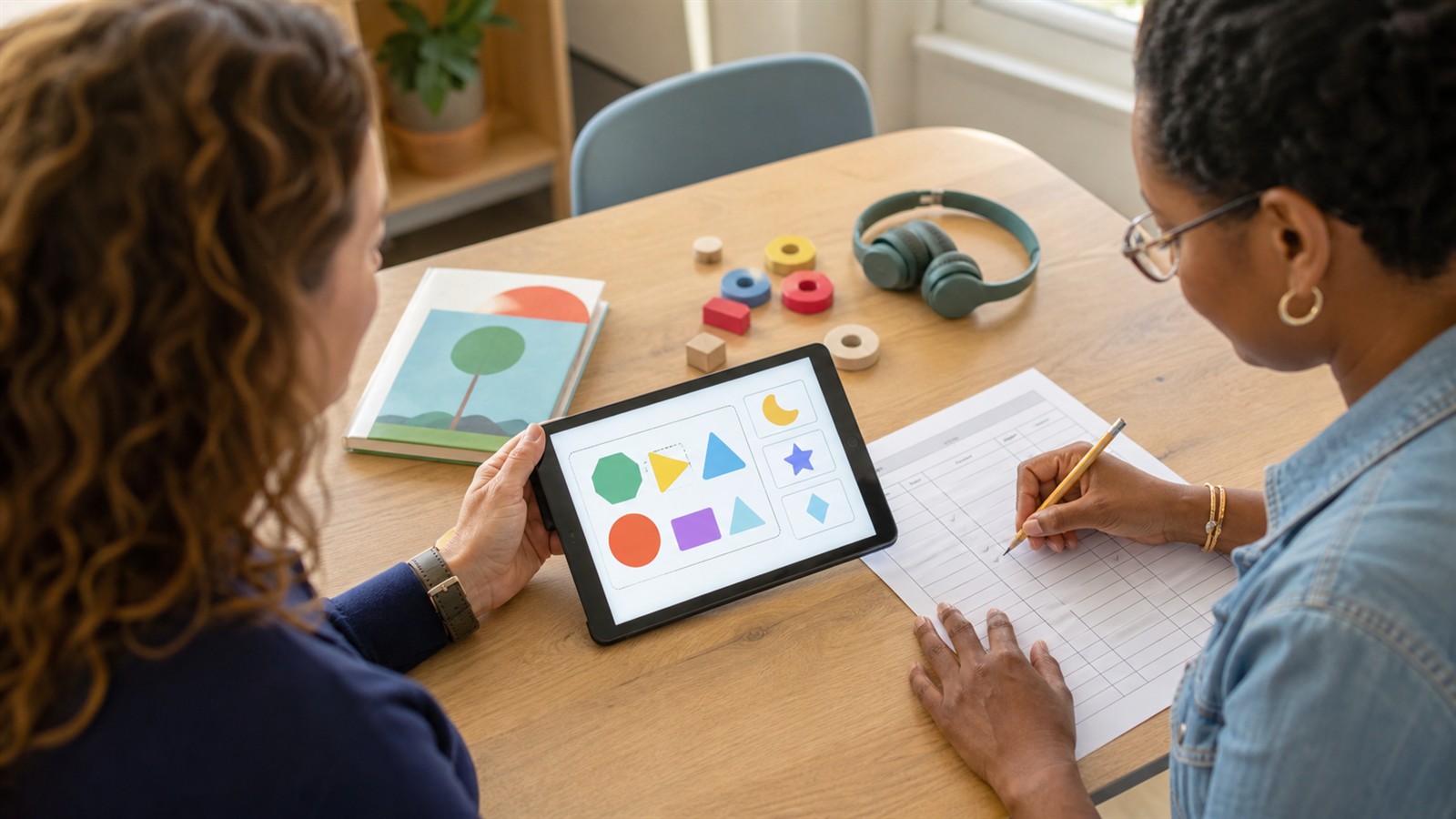 Parent and educator comparing an abstract learning app with a paper evaluation scorecard
