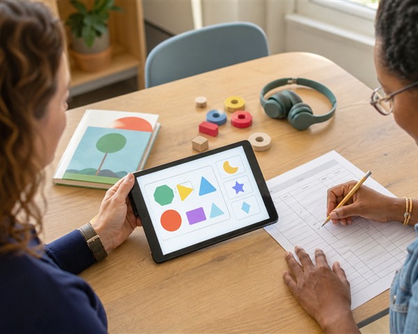 Parent and educator comparing an abstract learning app with a paper evaluation scorecard