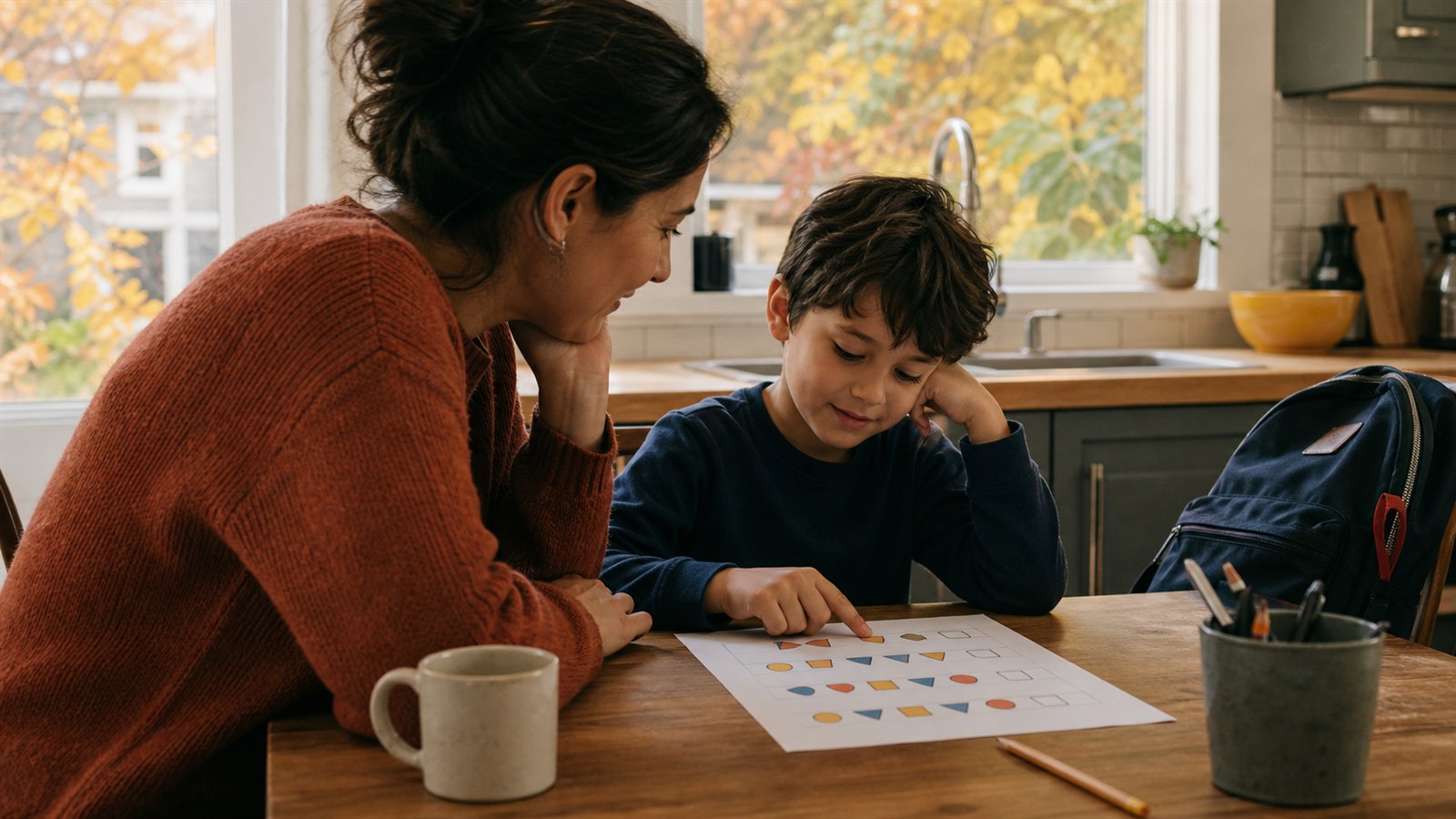 Parent and elementary-age child at a kitchen table looking together at a page of geometric pattern questions on a fall morning