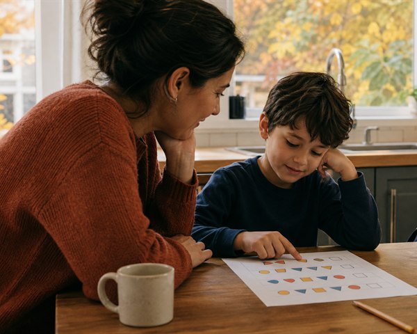 Parent and elementary-age child at a kitchen table looking together at a page of geometric pattern questions on a fall morning