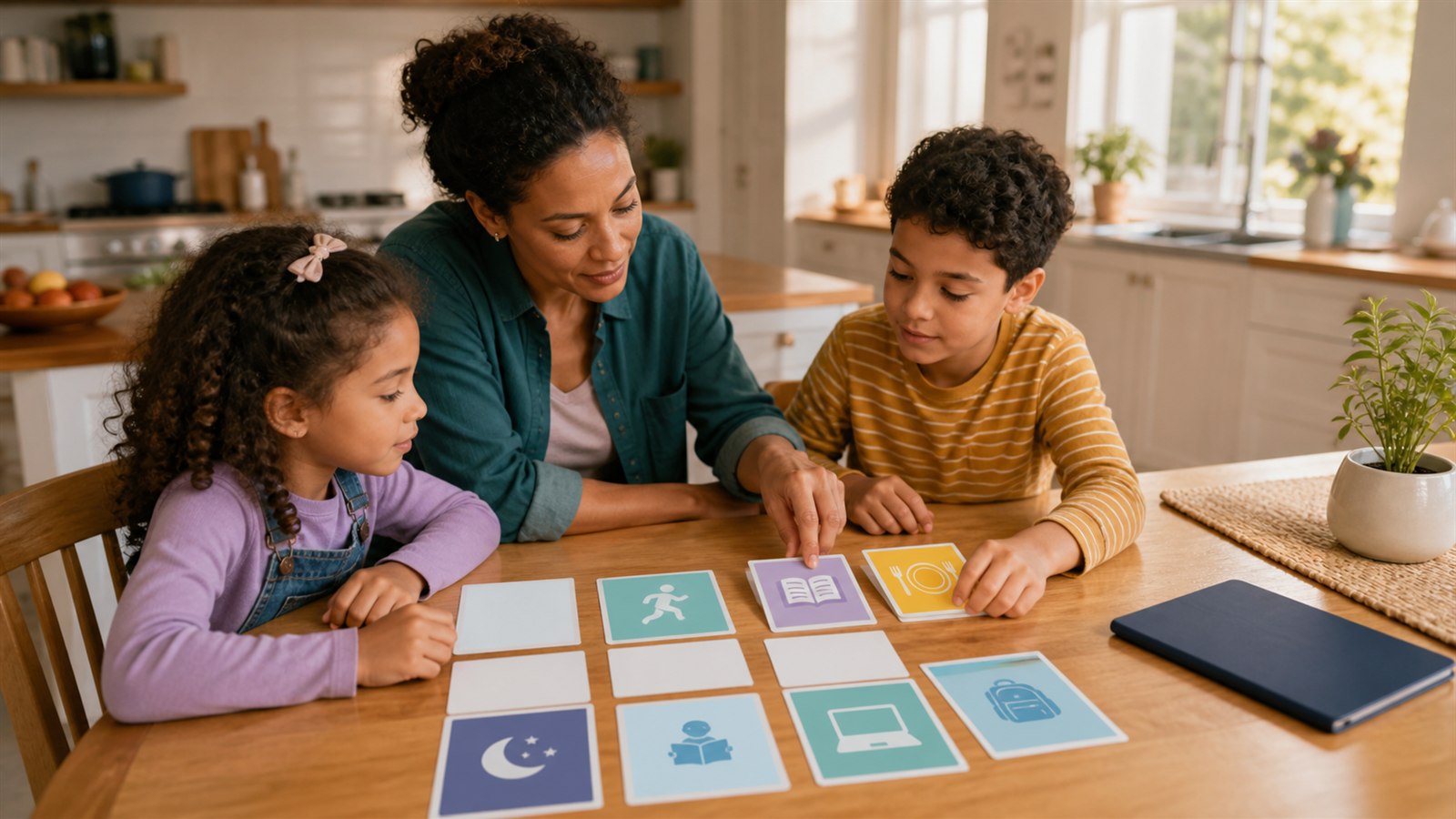 Parent and school-age child making a media plan together at a kitchen table with a tablet set aside