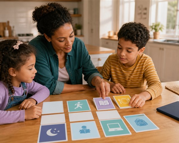 Parent and school-age child making a media plan together at a kitchen table with a tablet set aside