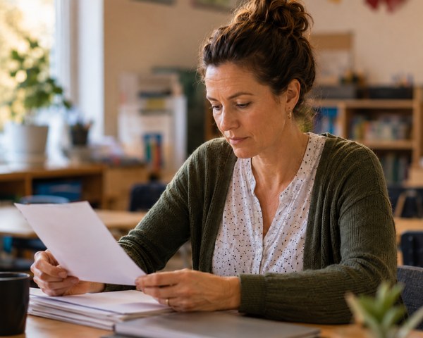 A teacher sitting at a desk in an empty classroom in early autumn, reading one sheet from a small stack of returned paper forms