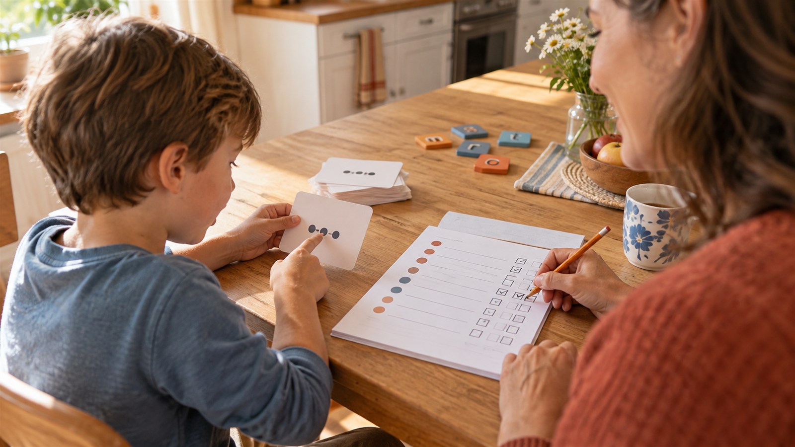 Young reader studying a simple word card while a caregiver marks a three-column progress checklist at a sunny kitchen table