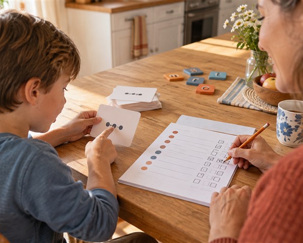 Young reader studying a simple word card while a caregiver marks a three-column progress checklist at a sunny kitchen table