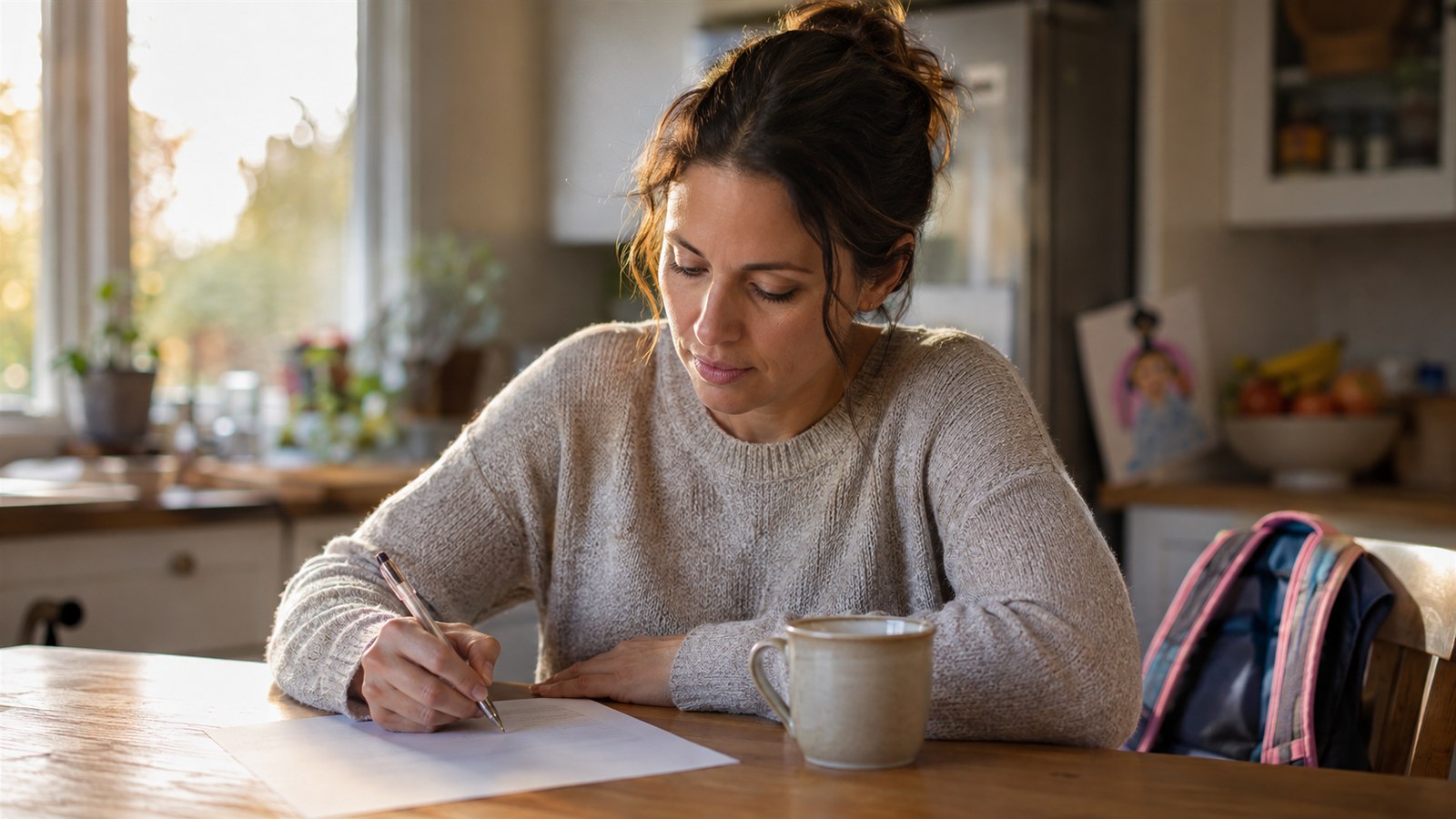 A parent sitting at a kitchen table in late-afternoon light, filling in a single sheet of paper with a pen, a school backpack on the chair behind them