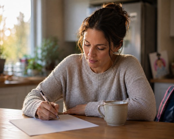 A parent sitting at a kitchen table in late-afternoon light, filling in a single sheet of paper with a pen, a school backpack on the chair behind them