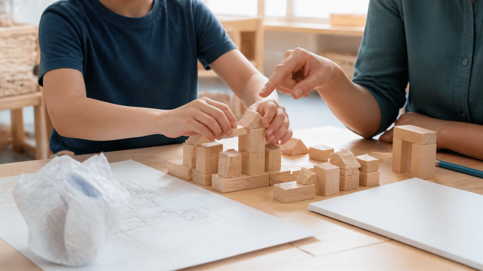 Child rebuilding a wooden block structure while an adult points gently to the next step