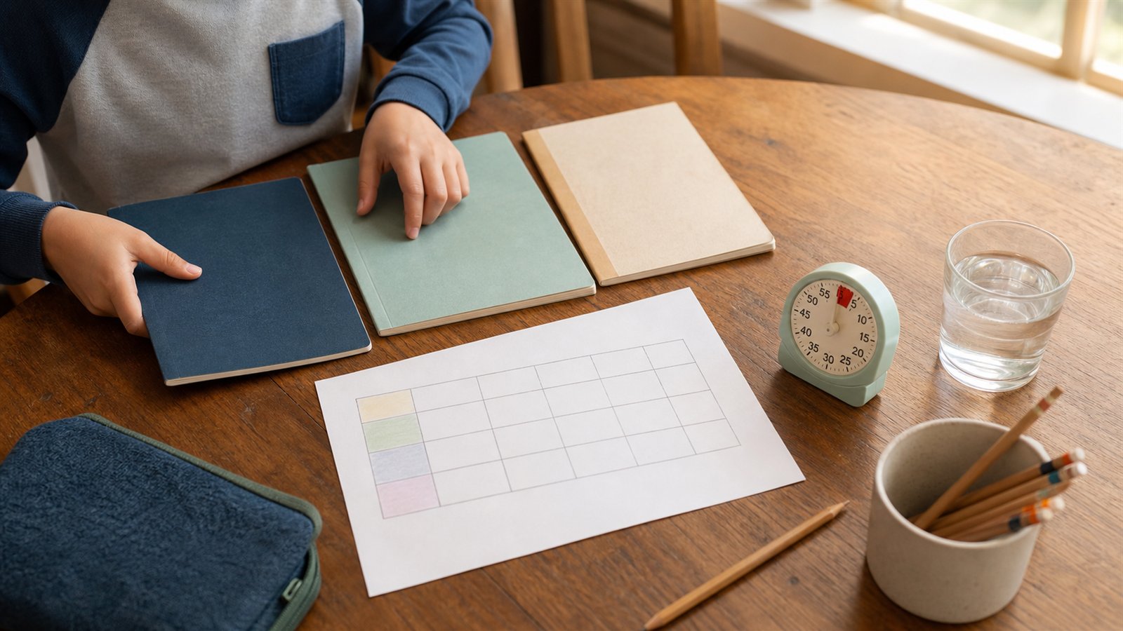 Child arranging notebooks beside a paper homework schedule and timer at a family table