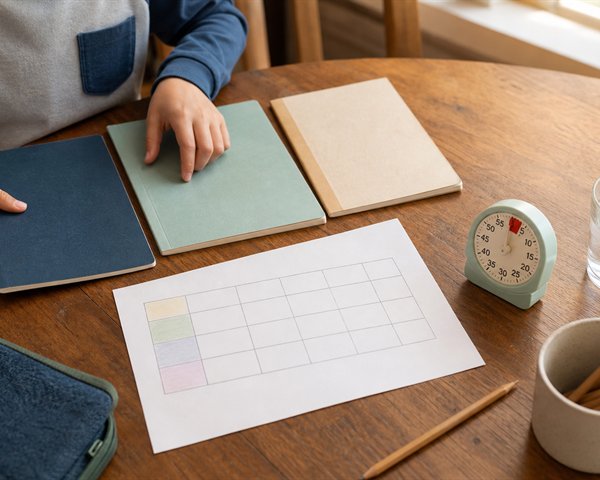 Child arranging notebooks beside a paper homework schedule and timer at a family table