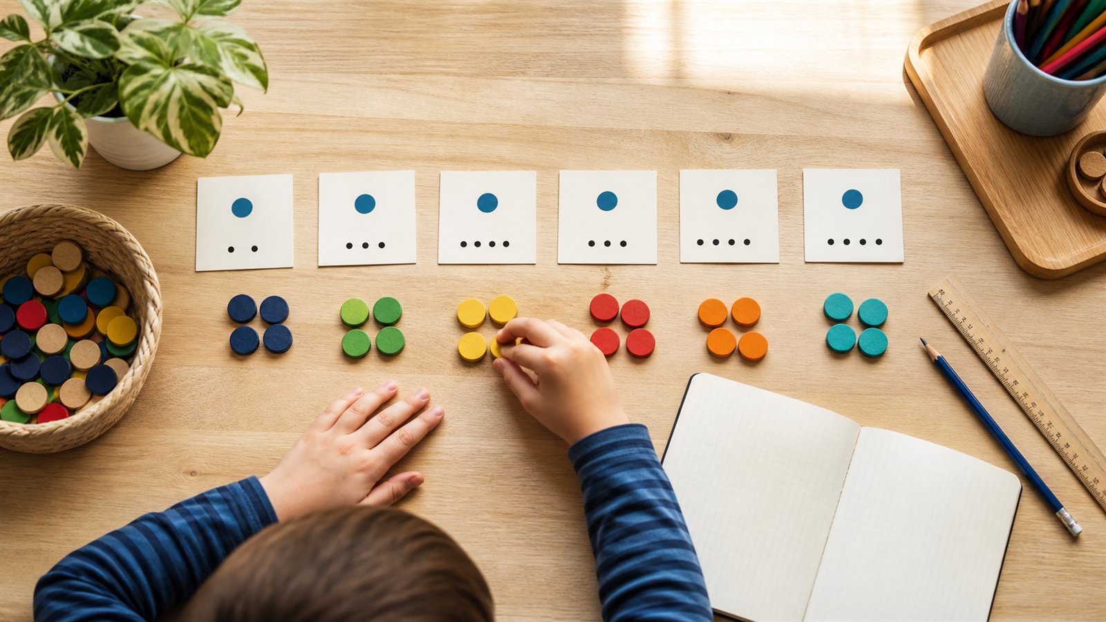 Child arranging colorful counters into equal groups beside number cards and a blank workbook
