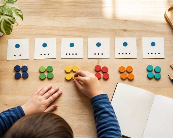 Child arranging colorful counters into equal groups beside number cards and a blank workbook