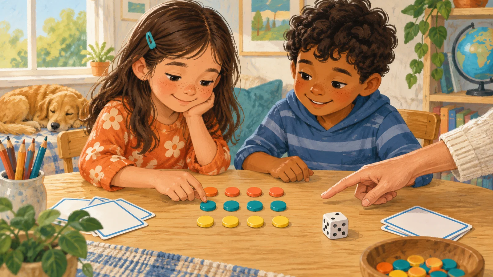 Two children arrange colored counters in three rows while an adult points to their array.