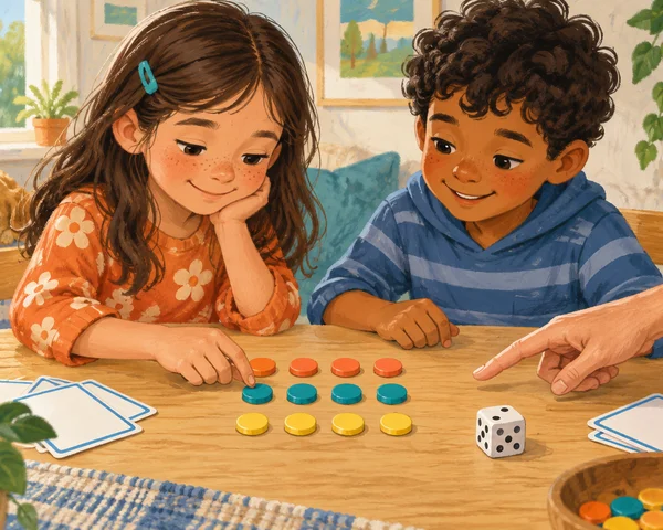 Illustration of two children arranging colored counters in three rows beside a die and blank cards while an adult points to the array