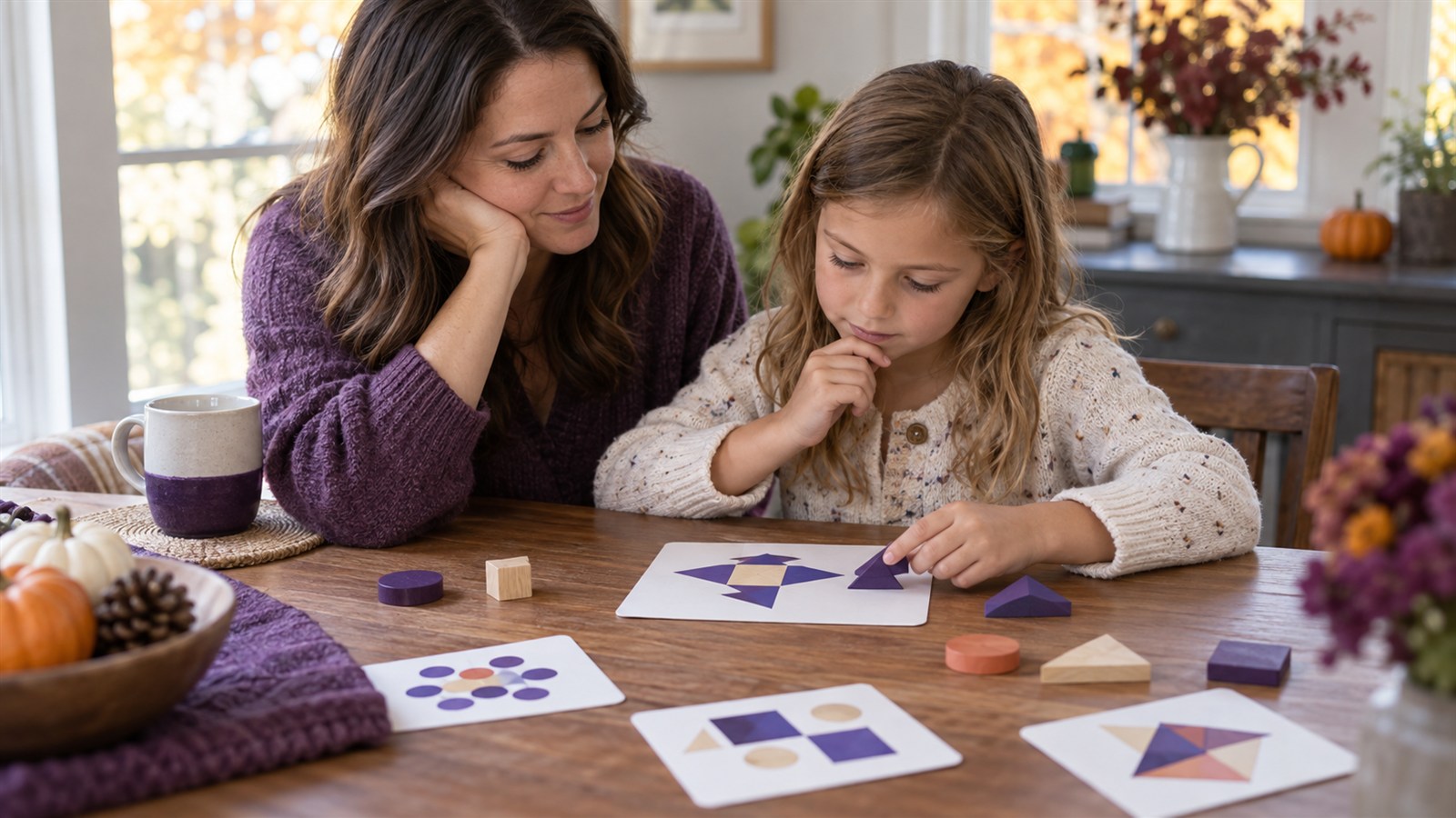 Parent and elementary-age child working calmly with original purple geometric pattern cards and wooden shapes at a dining table