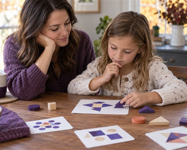Parent and elementary-age child working calmly with original purple geometric pattern cards and wooden shapes at a dining table