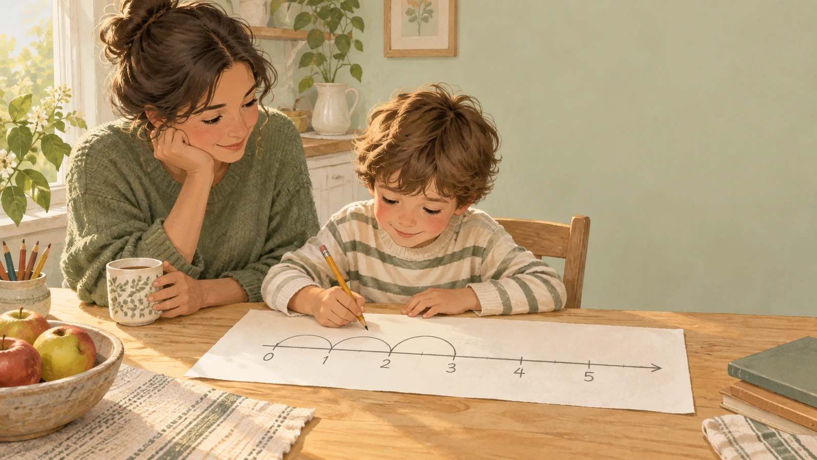 A child at a kitchen table draws curved hops along a number line on paper while an adult beside them watches