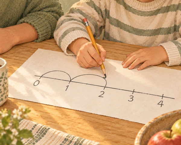 A child at a kitchen table draws curved hops along a number line on paper while an adult beside them watches