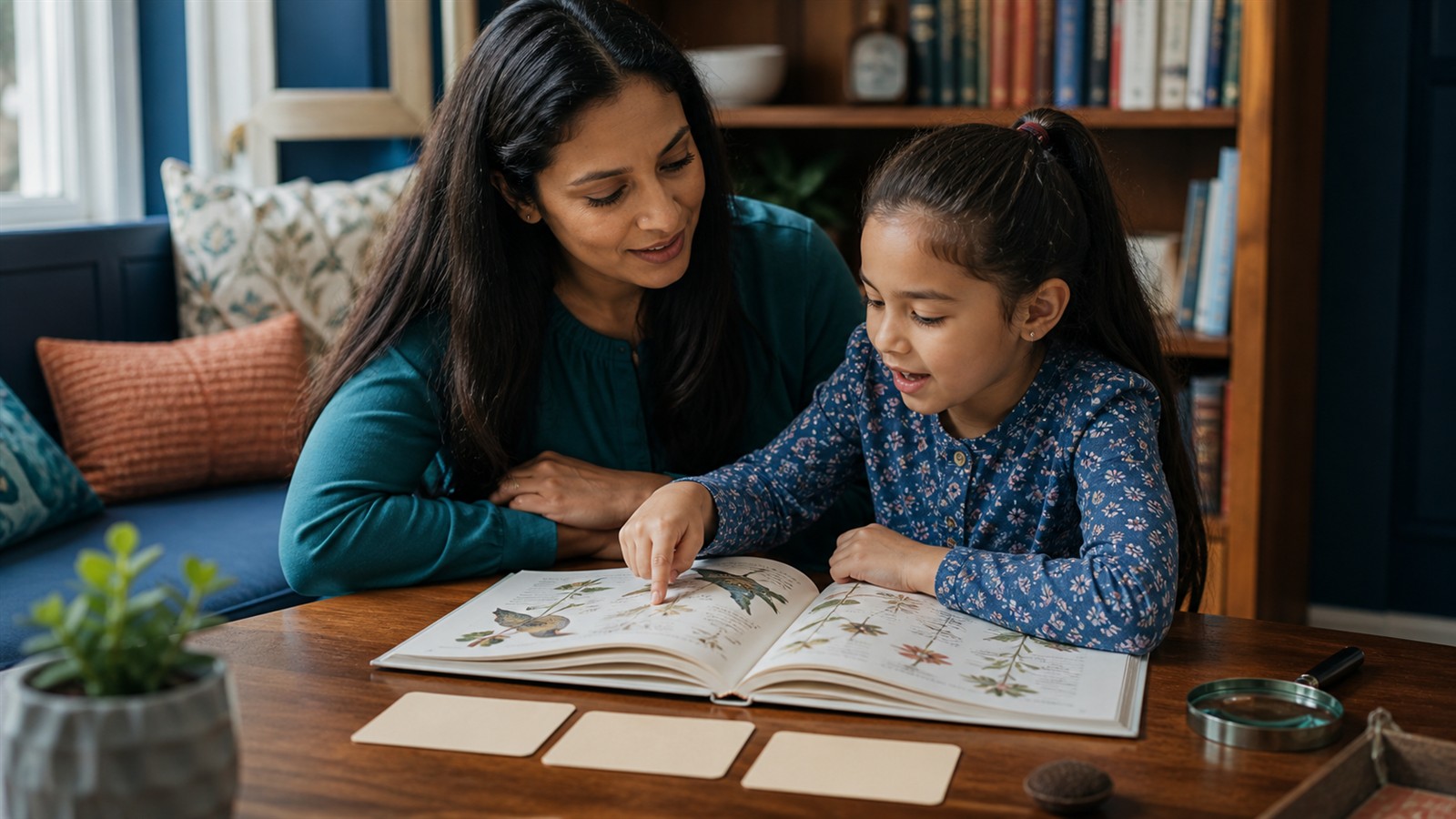 Adult and school-age child pausing to discuss an illustrated book in a cozy reading nook