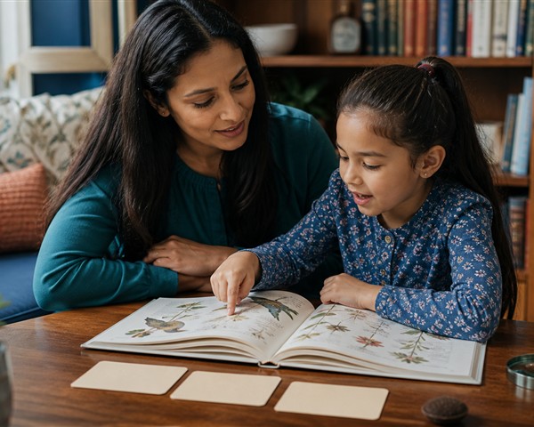 Adult and school-age child pausing to discuss an illustrated book in a cozy reading nook