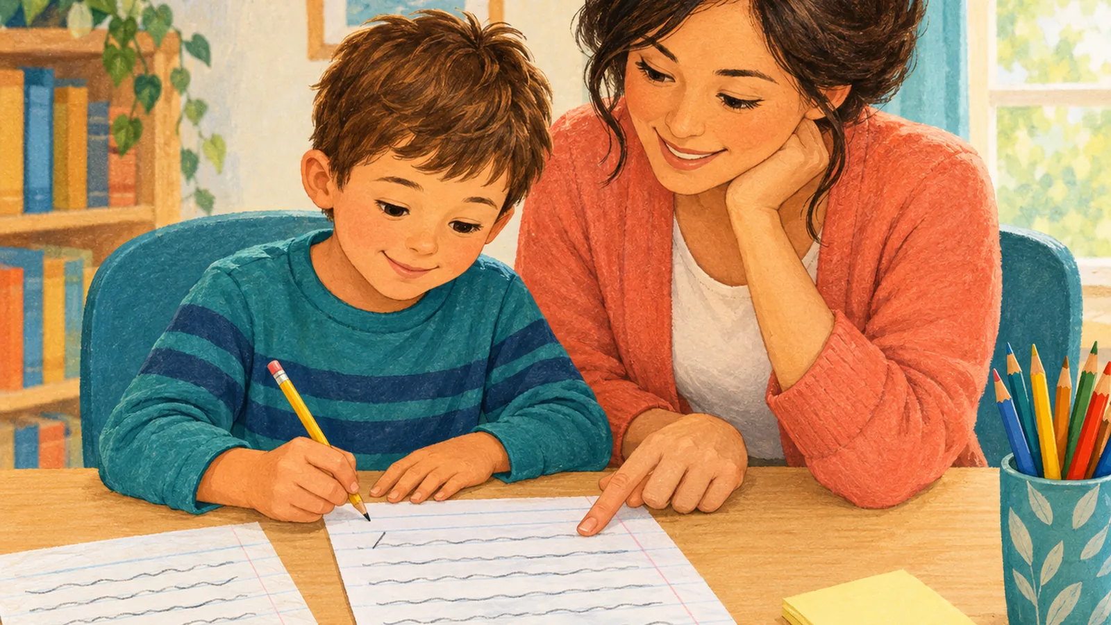 Illustration of a child writing on lined paper while a smiling caregiver points to one line, with another page, sticky notes and a cup of colored pencils nearby