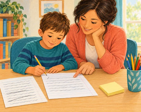 Illustration of a child writing on lined paper while a smiling caregiver points to one line, with another page, sticky notes and a cup of colored pencils nearby
