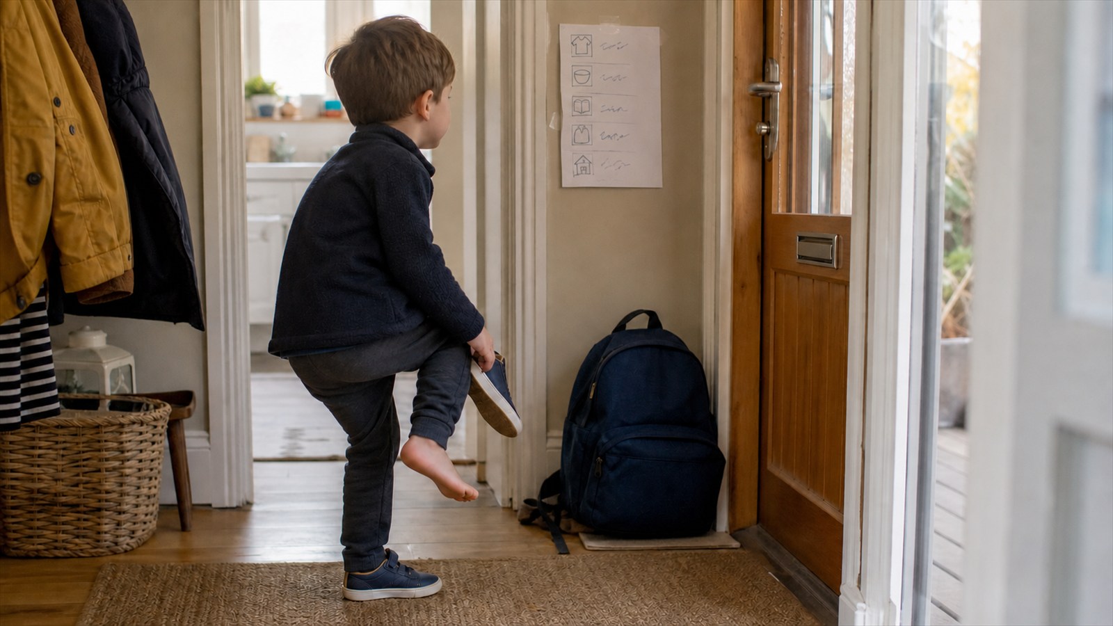 Child checking a simple picture chart by the front door while putting on shoes