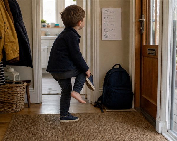 Child checking a simple picture chart by the front door while putting on shoes