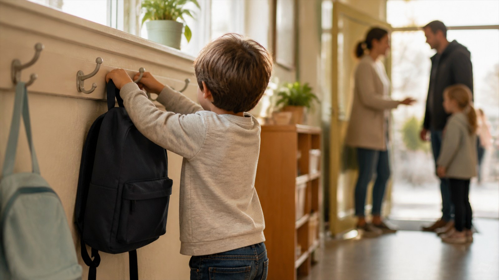 Child hanging a backpack on a low hook outside a classroom while a teacher greets another family