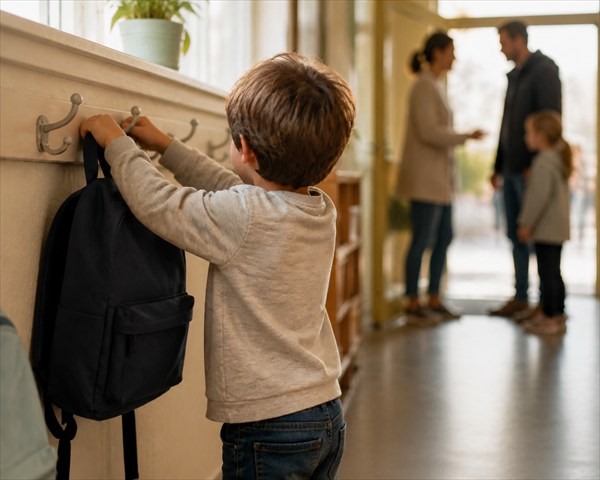 Child hanging a backpack on a low hook outside a classroom while a teacher greets another family