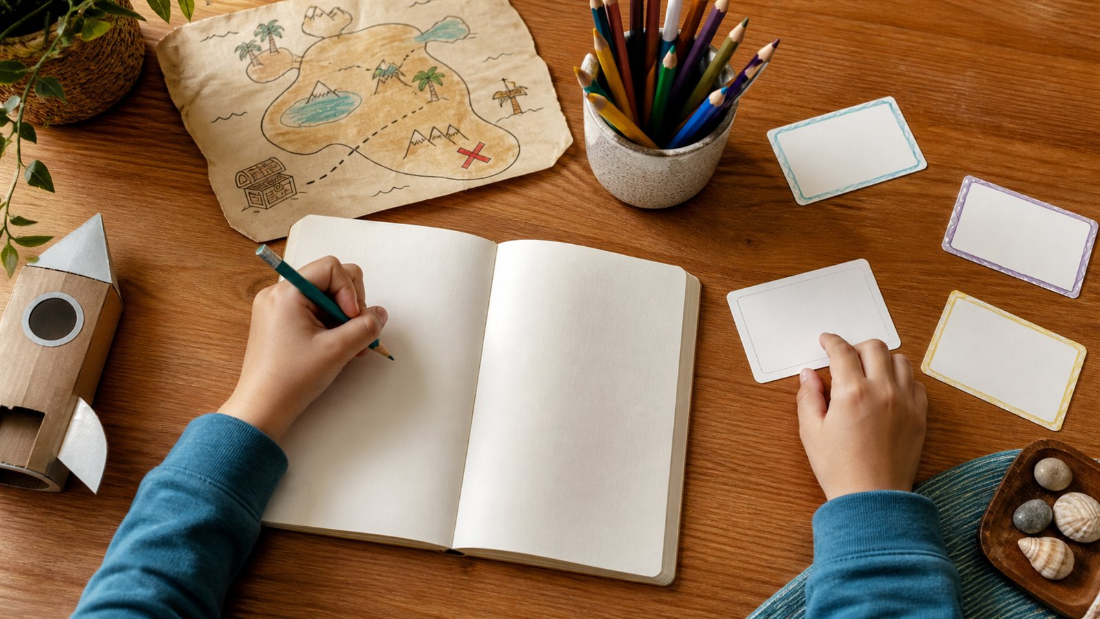 Child arranging story idea cards beside an open notebook, colored pencils, a treasure map, and a cardboard rocket