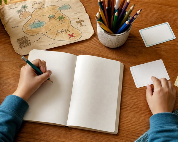 Child arranging story idea cards beside an open notebook, colored pencils, a treasure map, and a cardboard rocket